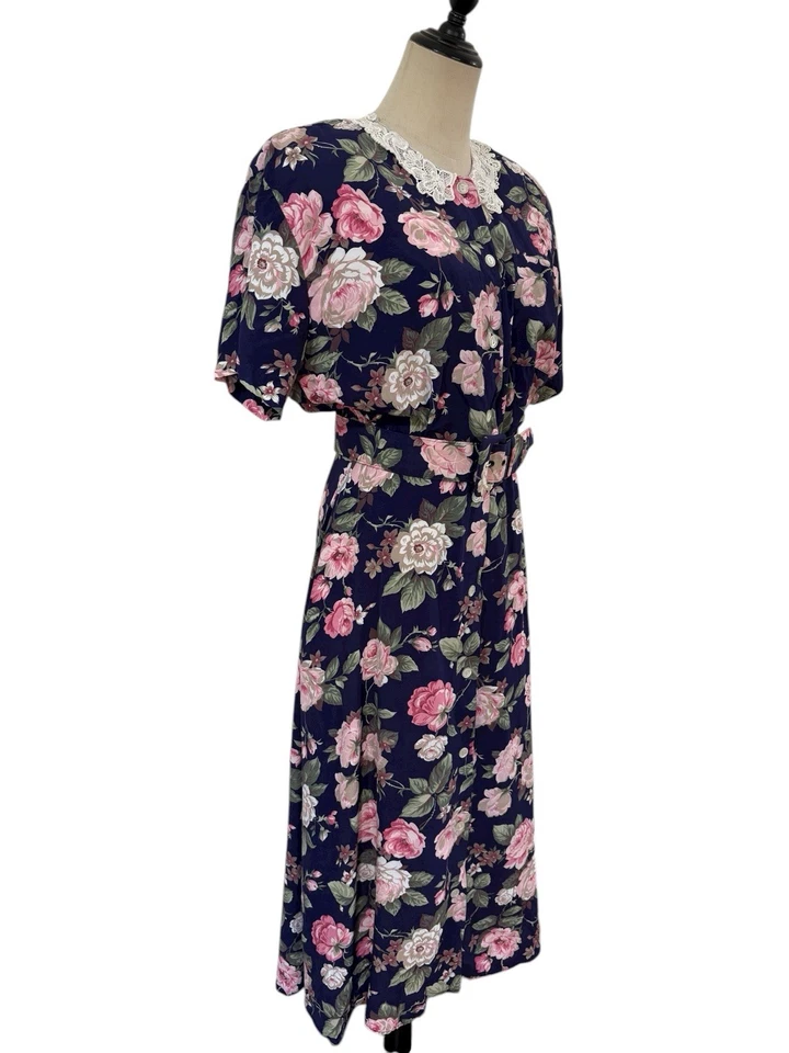 Vtg 80s 90s Blue Shirt Dress Lace Collar Roses Sz 10 Cottagecore Grandma  - Image 4 of 4