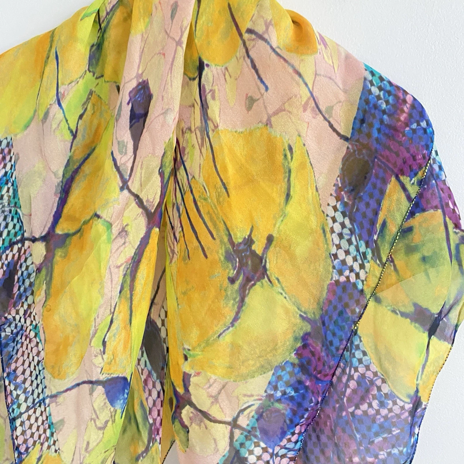 Bindya NY Silk Scarf Artsy Painted Look Geometric Edge Colorful Bright Purple