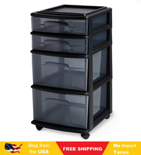 HOMZ Drawer Tower, 4-Tier Clear Plastic Storage Organizer Cart, Black Frame