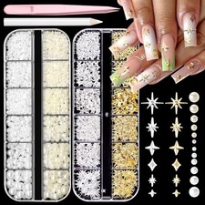 2 Boxes 3D Star Nail Charms - Gold 01 - Silver Star  White Beige Pearls