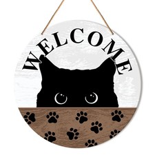 Black Cat Welcome Sign Front Door Decor, 10.2 inches x inches, Y1