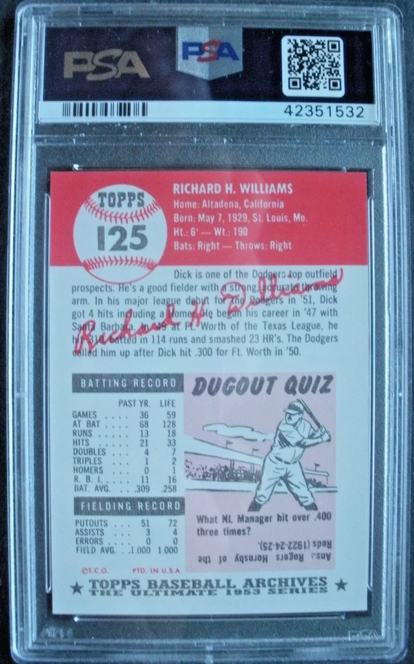 1991 TOPPS ARCHIVES 1953 REPRINT #125 DICK WILLIAMS  PSA 9 (NO PSA GRADED 10s) - Image 2 of 2
