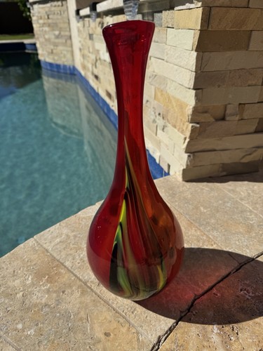 Retro Pier 1 Red blown glass vase with yellow green & black swirls 14.5” - Picture 5 of 7