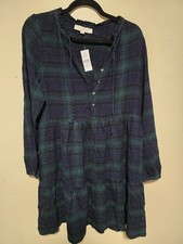 LOFT Women's Size Medium Green Navy Plaid Ruffle Swing Dress Knee Length NWT New
