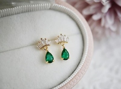 2Ct Pear Cut Simulated Emerald Crown Drop/Dangle Earrings 14K Yellow Gold Plated