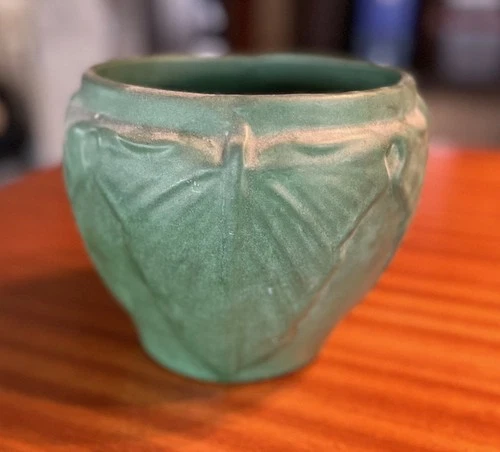 Arts & Crafts Matte Green Vase with Leaf overlay - unsigned - Weller?