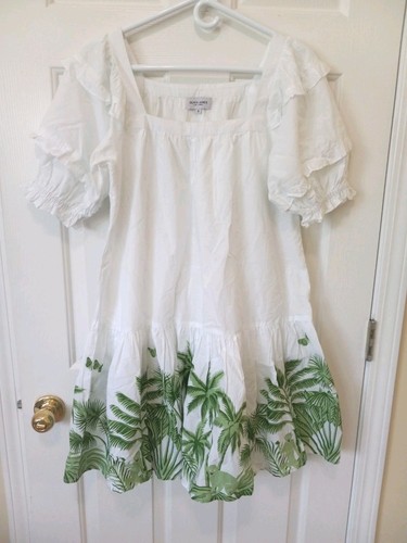 OLIVIA JAMES THe Label Womens White Green Cotton Resort Beach Peasant Dress S