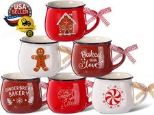 Christmas Coffee Mugs Set of 6, 12 Oz Ceramic Mug Gift Holiday Hot Cocoa for Fam
