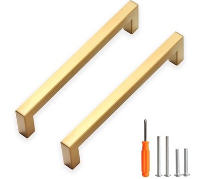 10 Pack Gold Square Brushed Satin Brass Cabinet Handles Pulls Kitchen 6.25'' Cent