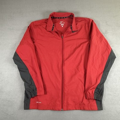 Nike Dri-Fit Red Jacket Full Zip Grey Color Block Breathable Pockets Sz Large