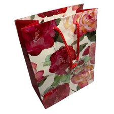Red Floral Paper Gift Bag Roses Glossy Mothers Day Valentine Handle  Tag 9x7x4