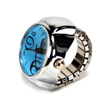WATCH RING Finger Stretch Band Chrome Time Piece Jewelry Large Number Blue Gift
