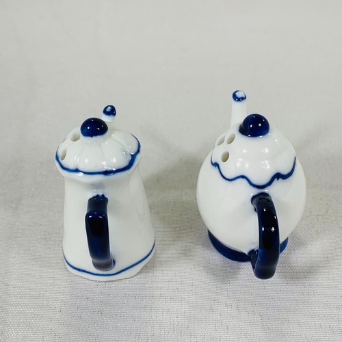 Mini White w Cobalt Blue Ceramic Salt and Pepper Shakers 2" x 1.75" w Stoppers - Picture 3 of 8