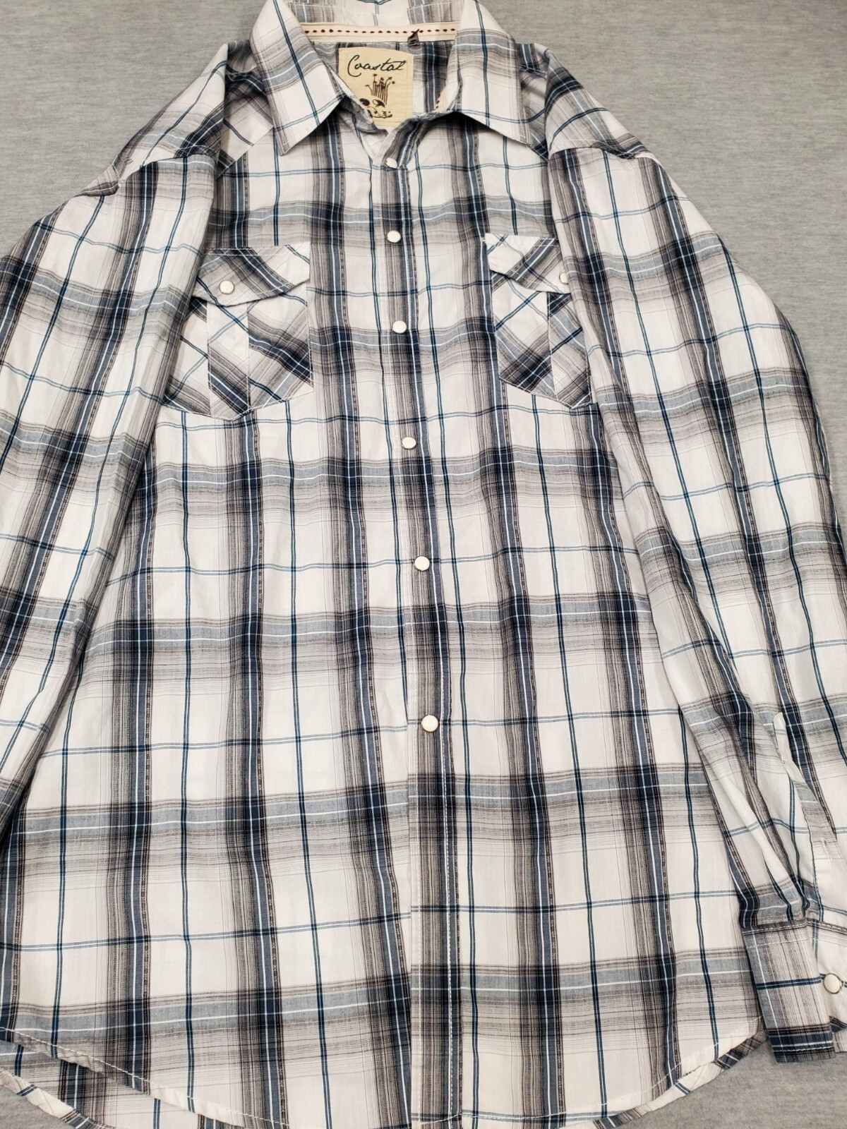 Coastal Men's XXL Western Shirt White Gray Blue Plaid L/S Pearl Snap
