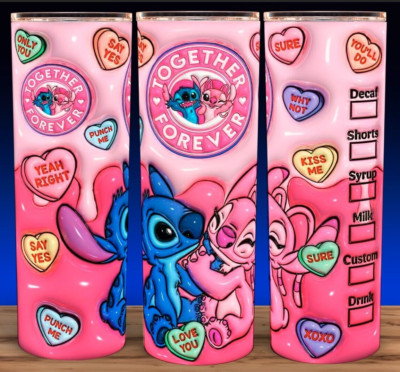 Stitch & Angel Puffy 3D Valentines Together Forever Cup Mug Tumbler 20 oz