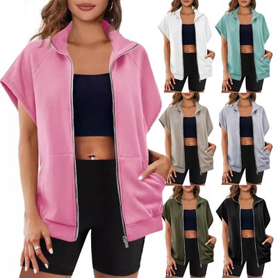 Women Short Sleeve Tops Pockets Zip Up Hoodies Sweatshirts Coat Baggy  Casual | eBay
