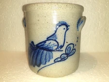 5 1/4" ROWE Pottery Handled Crock BIRD ON BRANCH 1988 AARFAC Collection