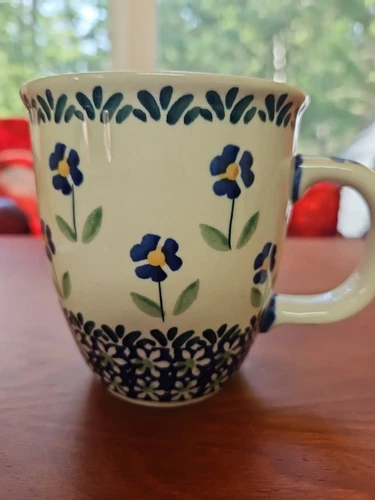 Polish Pottery 12 Oz. Mug ☆ Blue/White/Green Flowers☆ MINT CONDITION 