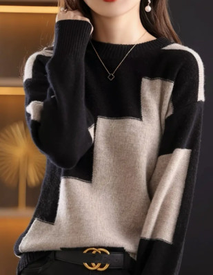 Farbblock-Pullover mit Rundhalsausschnitt, lässiger Langarmpullover  Winter