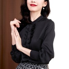 Damen Satin Rüschenshirt Mit Stehkragen Falsche Seide Langarm Schwarz