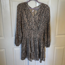 Parker Women’s Leopard Print V-Neck Long Puff Sleeve Smocked Ruffle Mini S