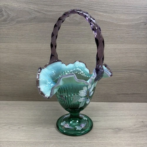 Fenton Glass New Century XXI Dragonfly Floral Signed Basket 10" Teal Amethyst