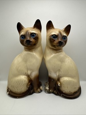 Pair of Ceramic Siamese Cat Decor Figures 7'' Tall Kittens Matching Vintage Cats