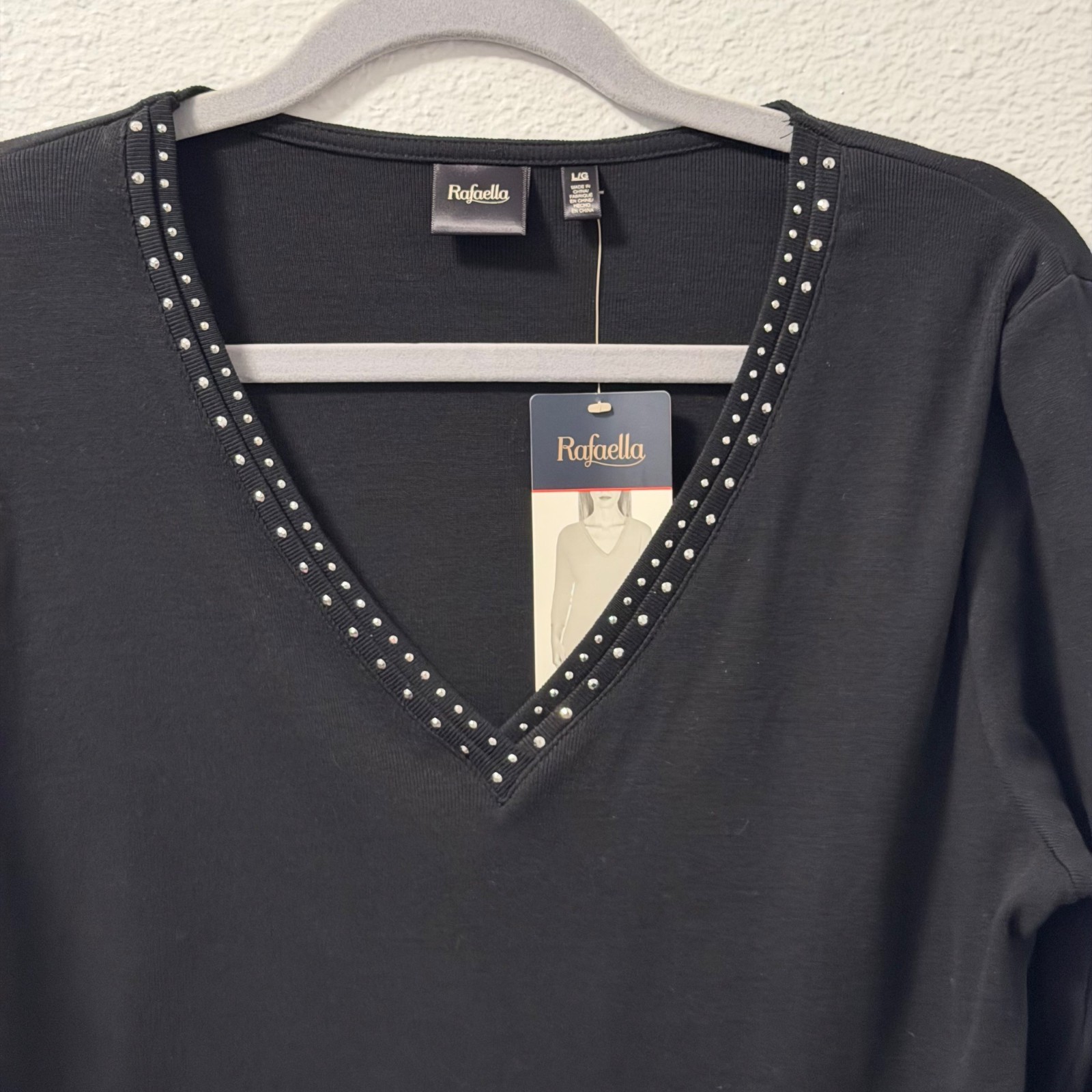 Rafaella Black V-Neck Top With Rhinestone Trim Long Sleeves Sz  L shirt. NWT