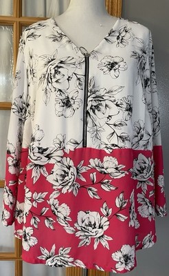 Alfani Floral Blouse Womans 1X White Pink Chiffon Zipper Cottagecore Boho Career