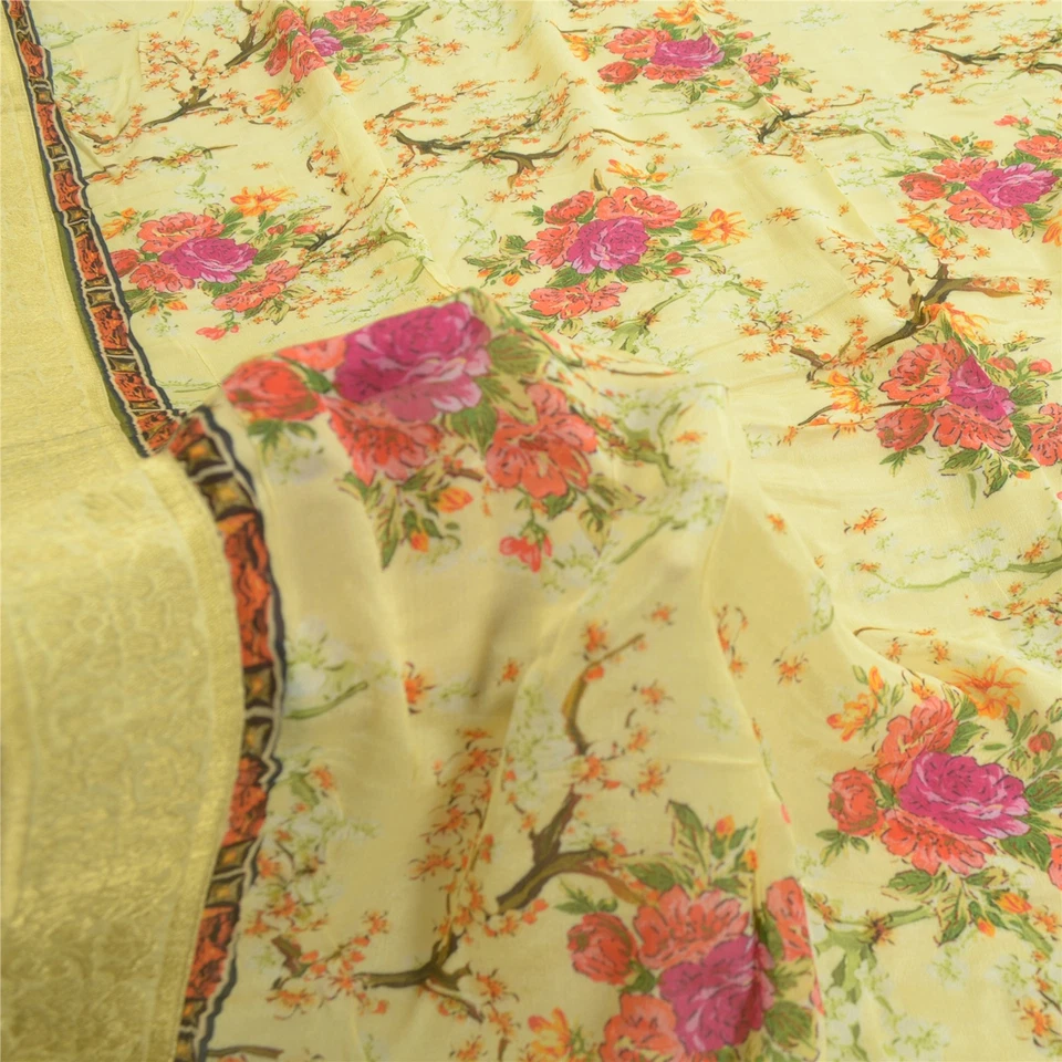 Estola Dupatta larga de colección Sanskriti seda pura amarillo bordado impresión digital Foto 3 de 4