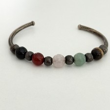 Vintage Sterling Silver Multi Gemstone Beaded Adjustable Oxidized Cuff Bracelet