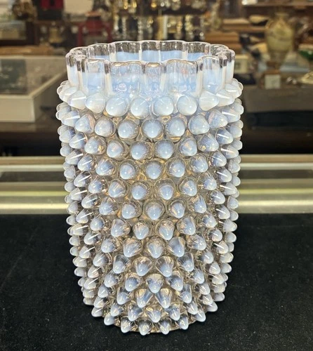 Vintage Fenton Moonstone Hobnail Vase 6.25″ Opalescent Crimped Edge 1940s-50s
