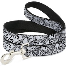 Dog Leash SNOOPY Poses and Daisy Flowers Collage Black/Grays/White NARROW 0.5"