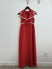 Vintage Lorrie Deb San Francisco Dress. Red, White Polkadot, Lace Trim
