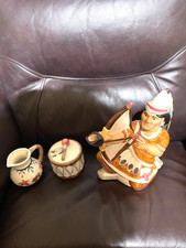 FITZ & FLOYD  INDIAN ARCHER TEAPOT & INDIAN DRUM SUGAR BOWL & TEEPEE CREAMER