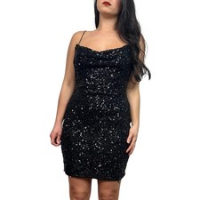 NWT Windsor Black Sequin Cowl Neck Spaghetti Strap Mini Dress SIZE LARGE $65