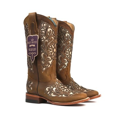 REYWELT WOMENS BROWN EMBROIDERED WESTERN COWGIRL BOOTS LEATHER SQUARE TOE FLORAL