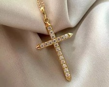 Round Cut Simulated Diamond Women's Cross Pendant Chain 14k Yellow Gold Plated