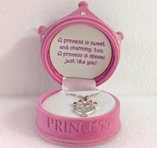 Princess Sliver Tone Pink Rhinestone Crown Heart Pendant Necklace