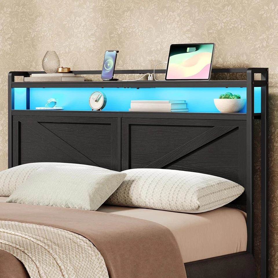 HOOBRO Cabecero Queen Size con Estación de Carga Cabecero de Almacenamiento de 2 Niveles Foto 3 de 4