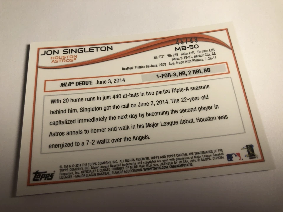 2014 Topps Chrome Update Black Refractor Jon Singleton Astros RC MB50 /99 - Image 2 of 2