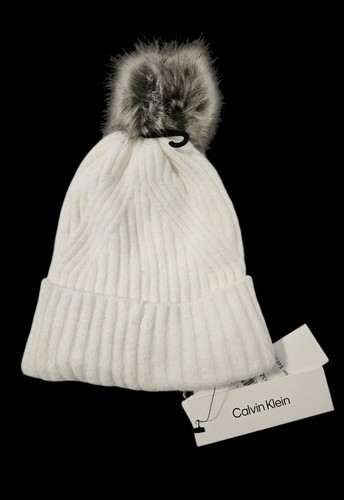 Gorro para mujer Calvin Klein cálido forrado de lana imitación piel pompón sombrero marfil nuevo con etiquetas - Imagen 3 de 6