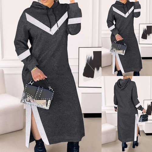 Womens Hooded Split Sweatshirt Dress Long Sleeve Loose Pullover Jumper Dresses