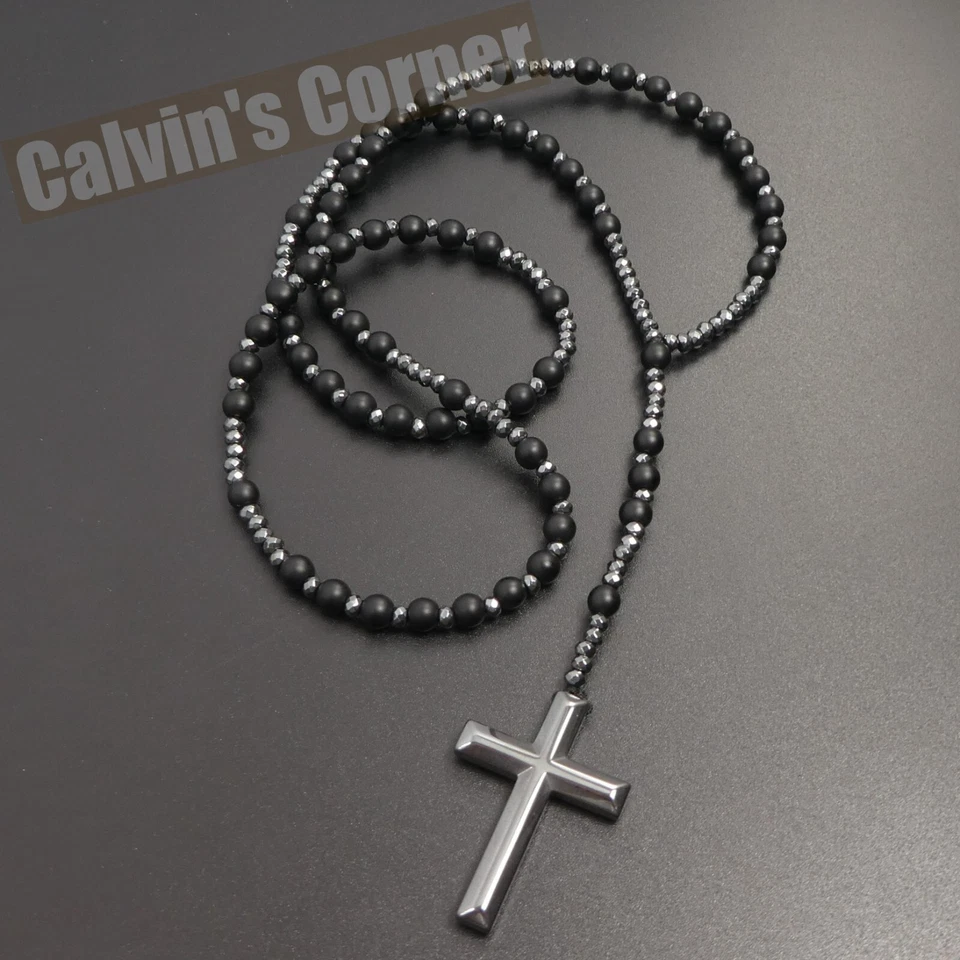 Collar Rosario Hematita Ónix Negro Mate Católico Cristo Cruz Hombres Mujeres Regalo Foto 2 de 4