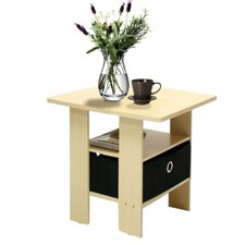 Beech Finish Wooden Night Stand Side End Table Black Fabric Drawer Shelf Bedroom