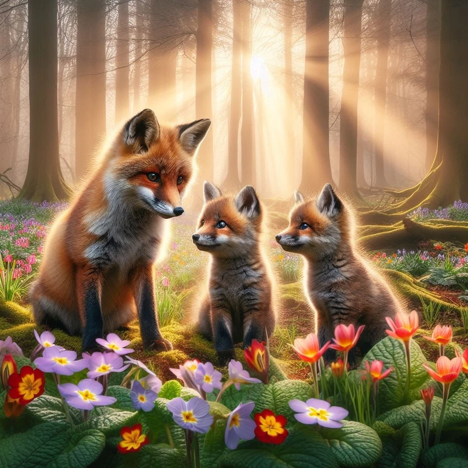 RUTH ART DESIGN Fox and Cubs - Spring Flowers Colourful Art Greeting Card, Blank, Envelope, New.