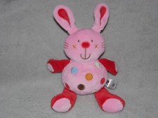 Mothercare rabbit soft toy pink bunny rattle comforter red spots