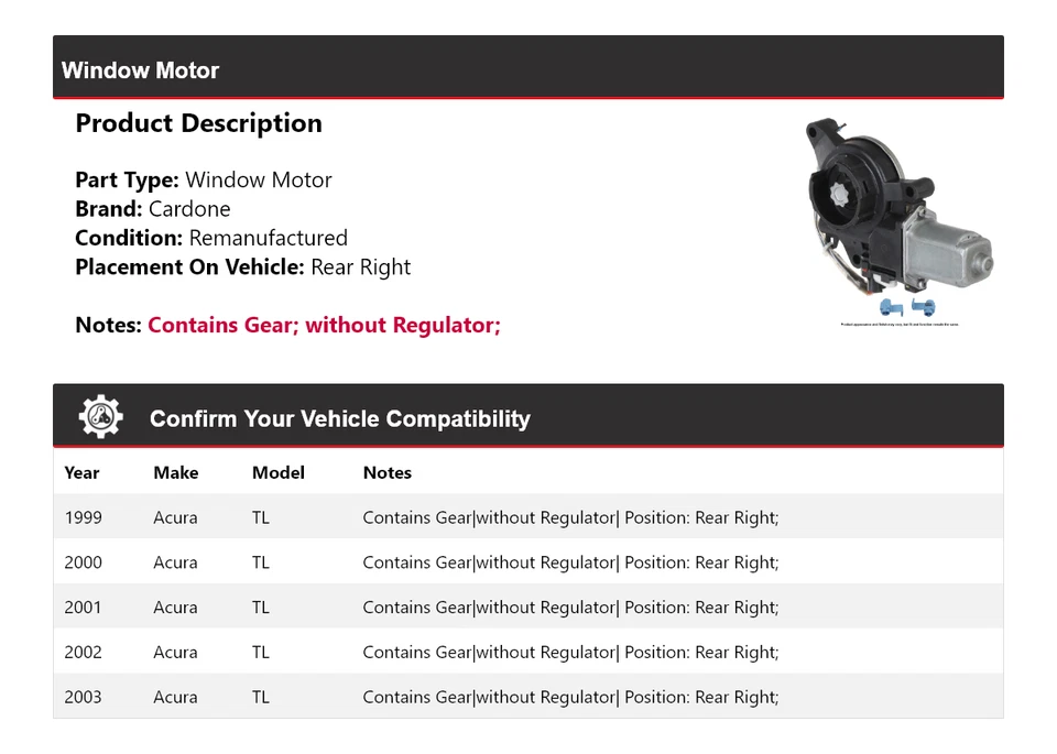 Motor ventana trasera derecha cardone 2000 2001 2002 para Acura TL 1999-2003 Foto 2 de 4