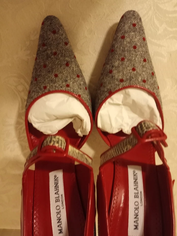 Manolo Blahnik Nuevo en Caja con Bolsa para el Polvo Tela Roja/Negro Tweed Grigio y Bomba Lagarto Talla 41 Foto 4 de 4