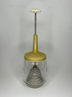 Federal Housewares Glass Push Whisk Egg Beater Harvest Gold Yellow Top AS IS